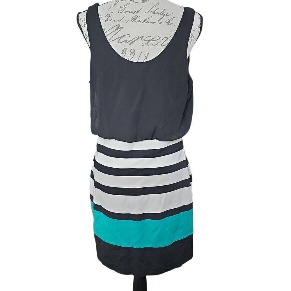 Express Women's Size Large Black White Gray Teal Striped Blouson Tank Dress